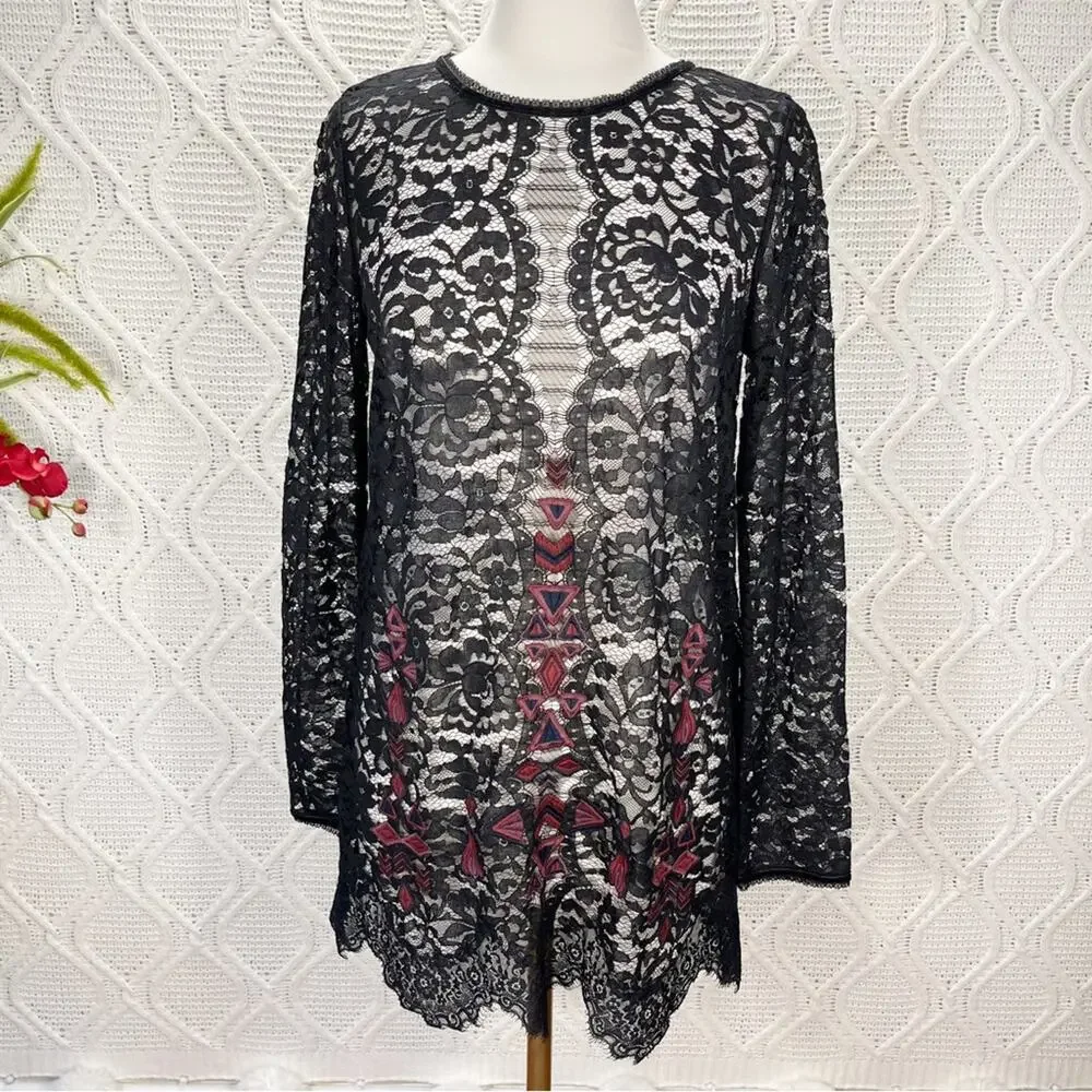 FREE‎ PEOPLE | Black Lace Embroidered Tunic Cut Out Back Sheer Top